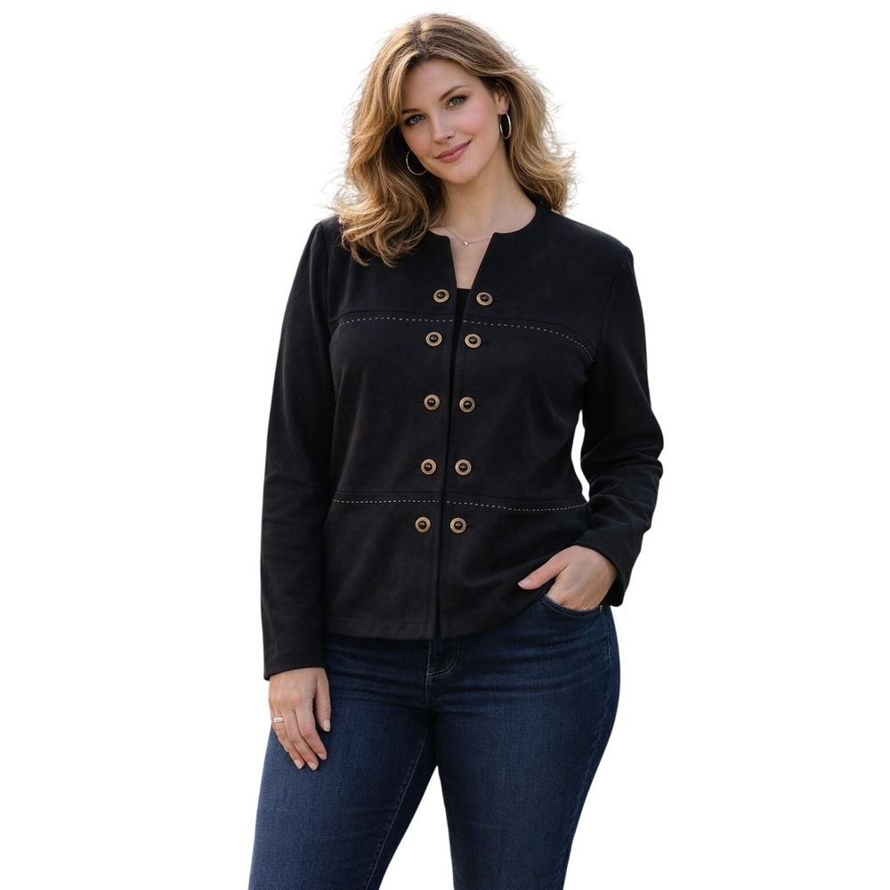 Leslie Fay‎ Vintage Black Military Style Jacket Gold Button Contrast Stitch